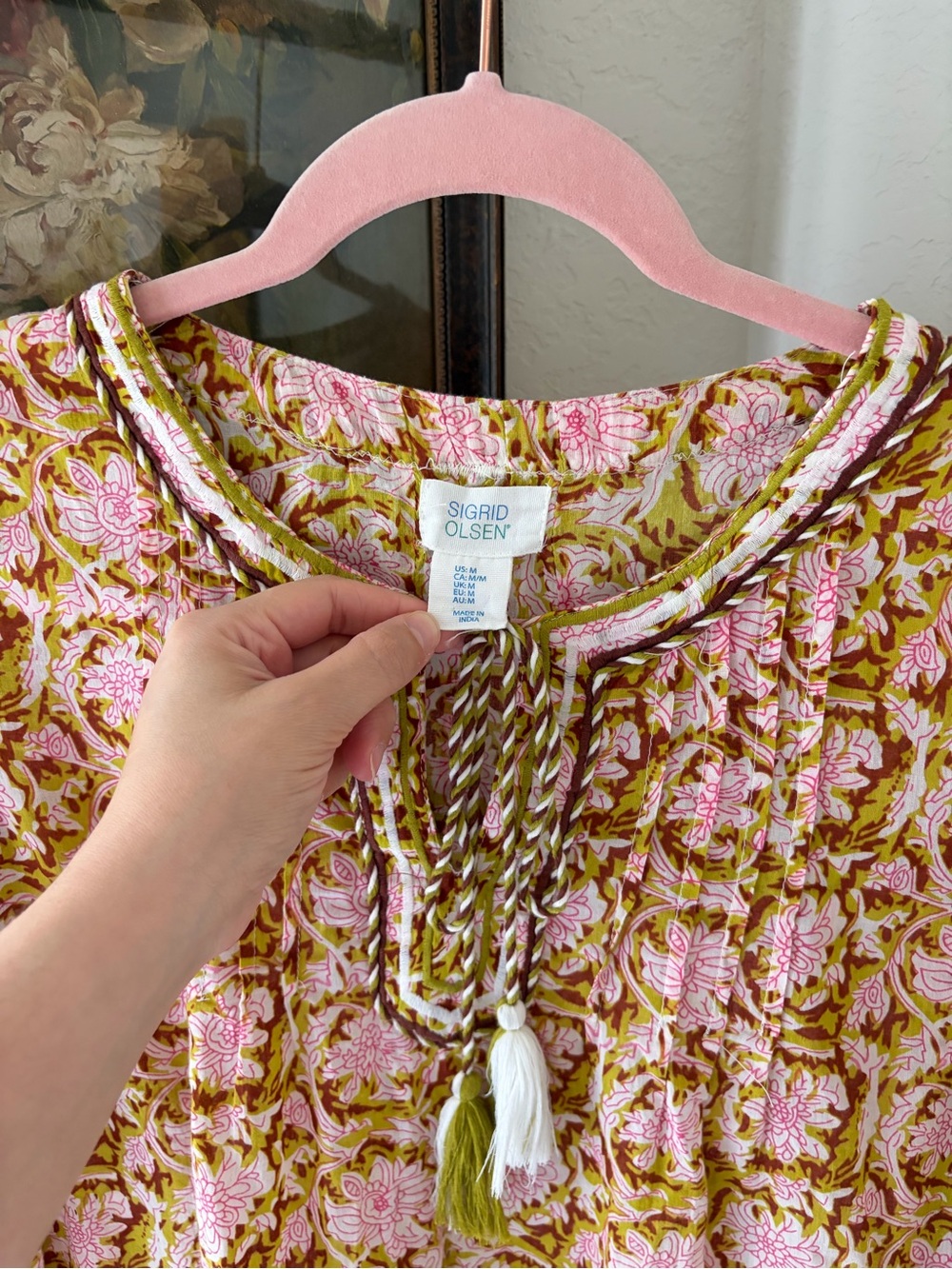 Sigrid Olsen Pink and Olive Floral Tassel Boho Blouse Medium - Picture 3 of 6